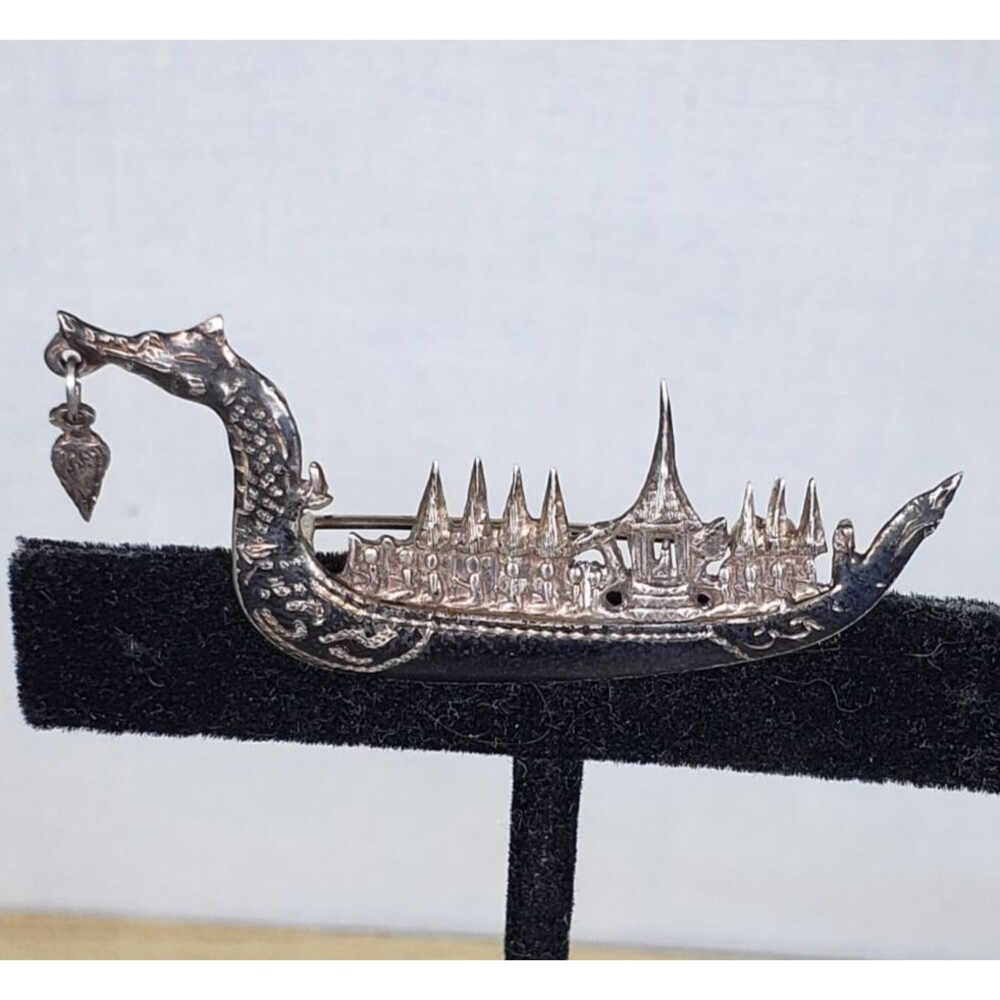 Vintage Siam Sterling Silver Black Niello Dragon Gondola Sailors Boat Brooch Pin